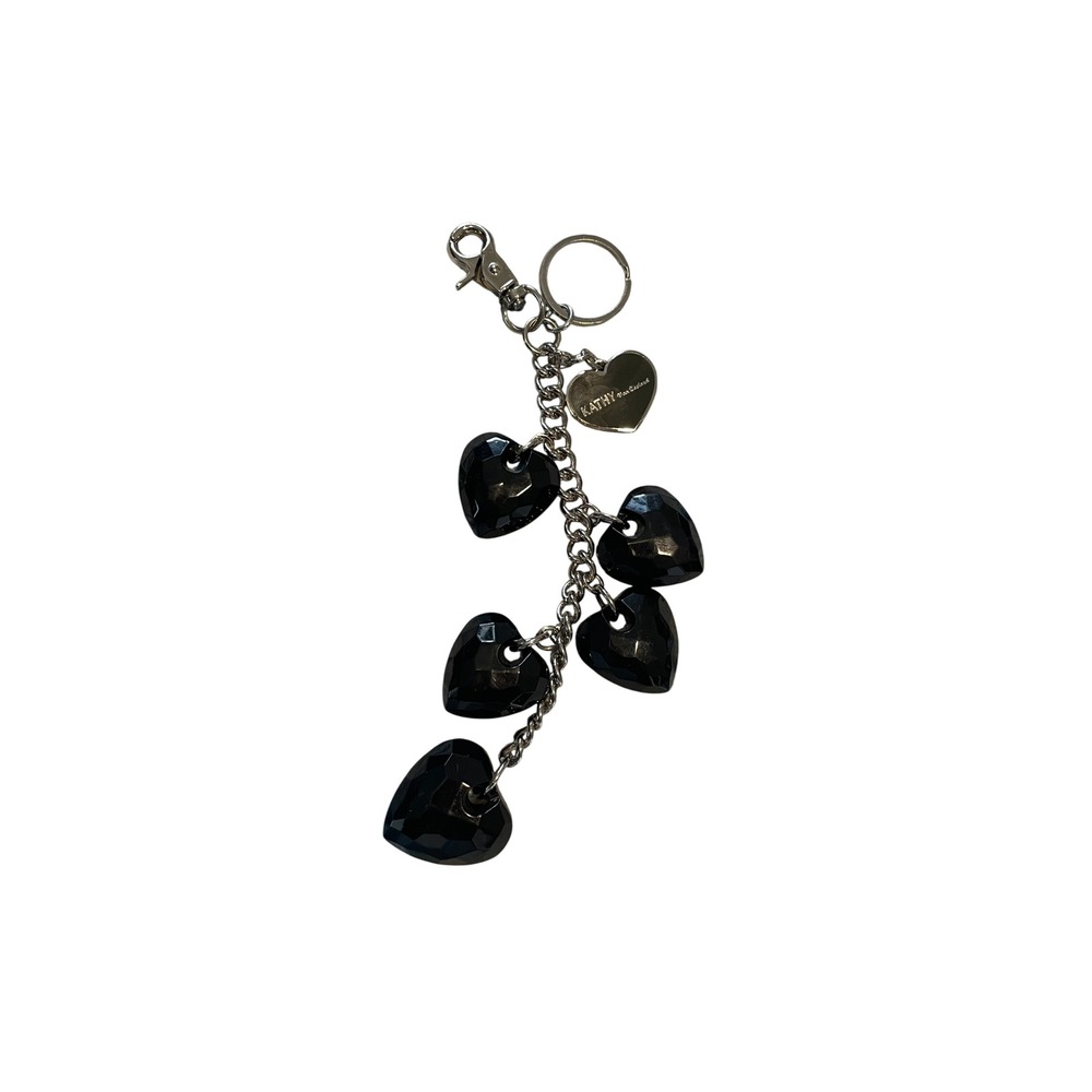 Kathy Van Zeeland Black Faceted Heart Bag Charm Keychain Silver Tone Y2K